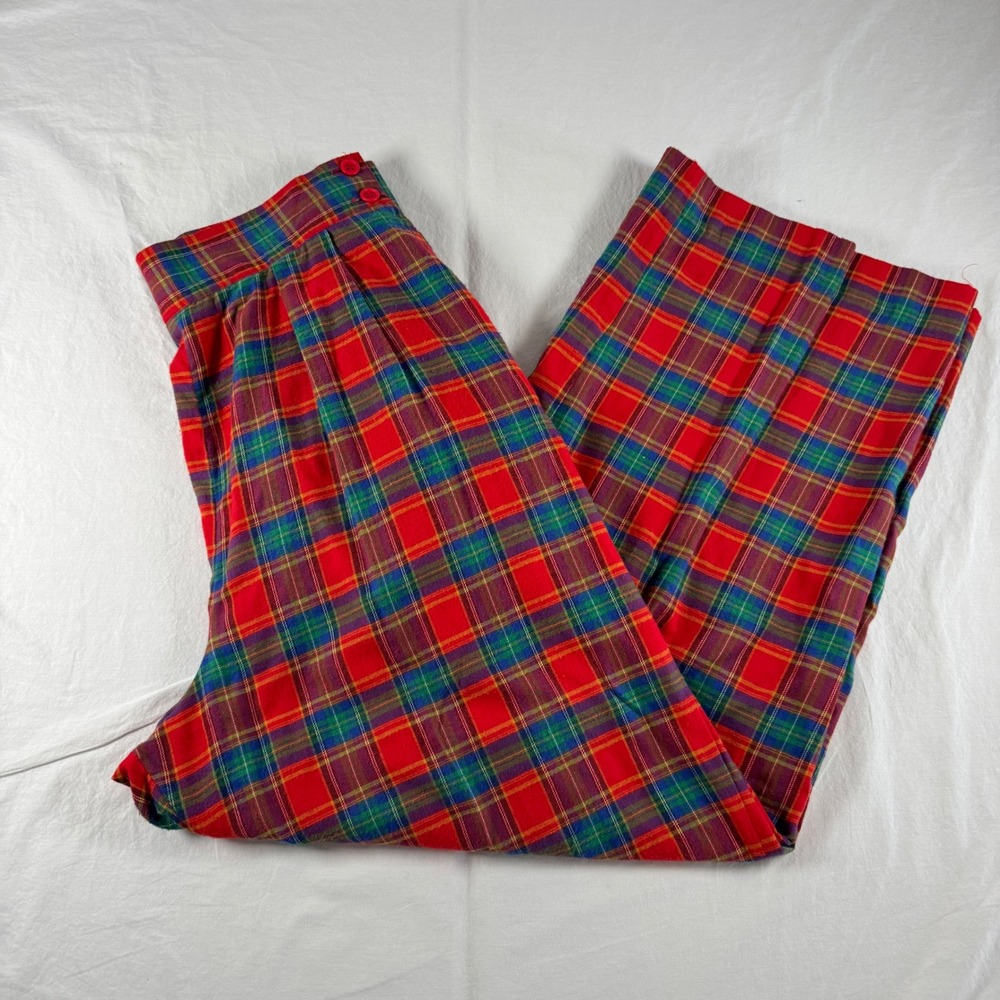 VINTAGE Sally Von Werlhof Women's Size 14 Red Plaid Pleated Wide Leg Trousers